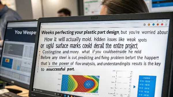 A computer screen showing a mold flow analysis simulation of a plastic part