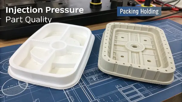 An image showing a plastic part with a visible sink mark next to a perfect part.