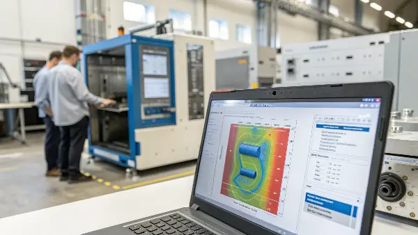 A computer screen showing a mold flow analysis simulation with air trap indicators.