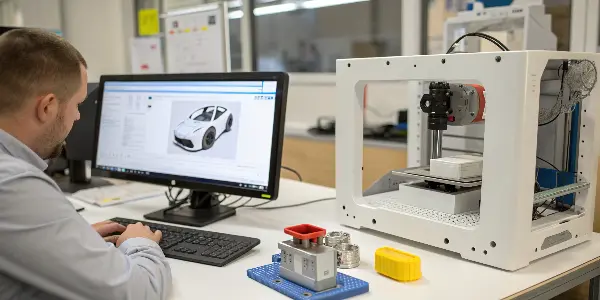 A designer working on a 3D CAD model on a computer, with a 3D printer in the background producing the part.