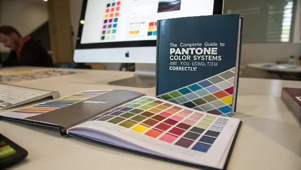 A collection of Pantone color swatch books fanned out, showing a rainbow of colors.