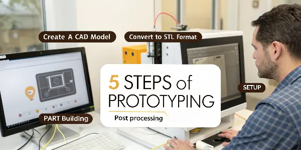 An infographic illustrating the 5 steps of rapid prototyping, from CAD model to finished part.