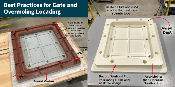Diagram showing optimal gate locations for a two-shot molding process.