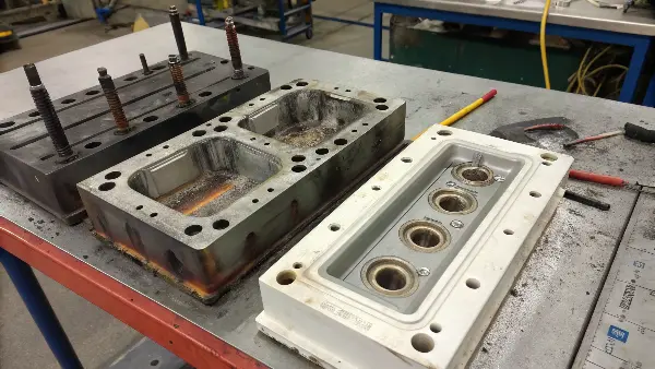 A collection of plastic parts showing burn marks and short shots.