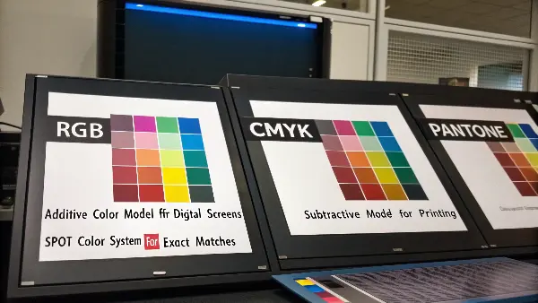A diagram showing the different color spectrums of RGB, CMYK, and Pantone