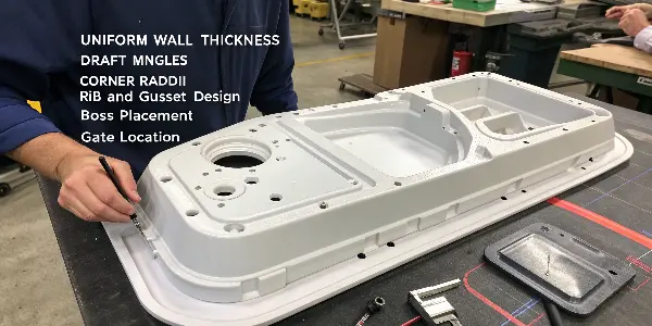 Diagram illustrating key plastic design features like draft angles and uniform walls.