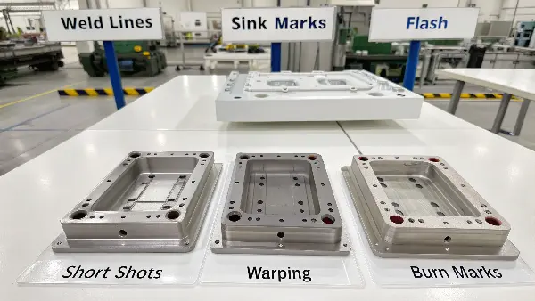 An assortment of plastic parts with various molding defects