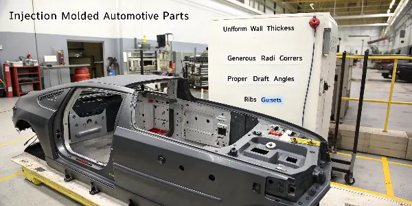 A 3D model of a plastic part showing design elements like uniform walls, drafted surfaces, and rounded corners.
