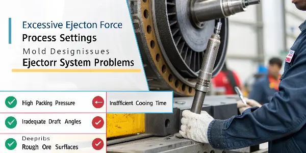Infographic showing the main causes of ejector pin marks: Process, Mold, and Material