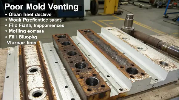 A collection of defective parts showing burn marks, short shots, and bad weld lines.