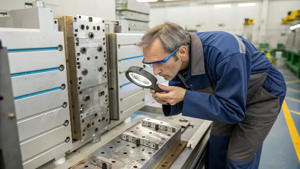 Detailed Mold Inspection A technician using a magnifying glass to inspect a mold surface
