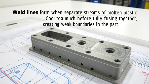 Diagram showing how molten plastic flows around a pin, creating a weld line.