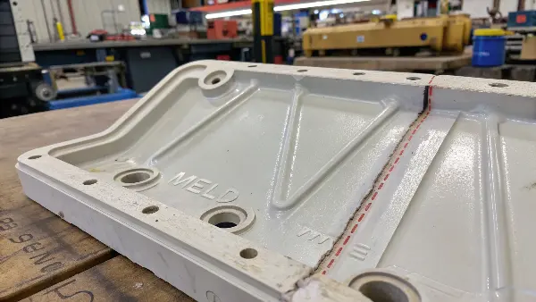 Diagram illustrating the formation of a weld line around a core pin inside an injection mold.