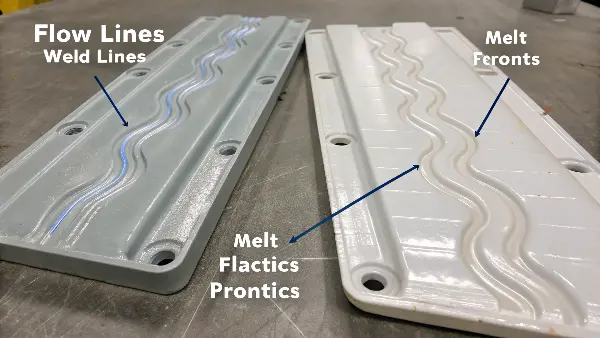 Side-by-side comparison of a plastic part with a weld line and another with flow lines.