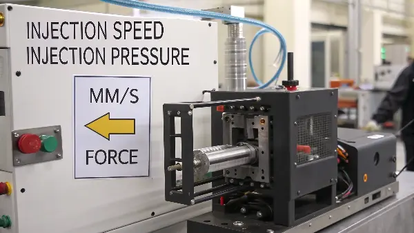 An injection molding machine's control panel showing separate settings for speed and pressure.