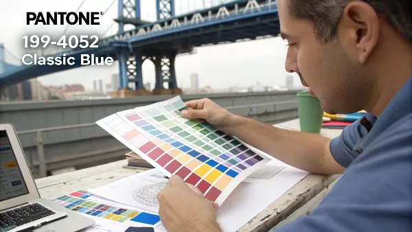 A designer's hand pointing to a specific color swatch in a Pantone Formula Guide.