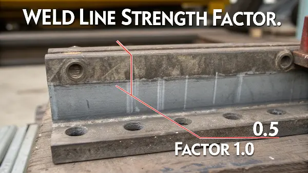 A graph showing the stress-strain curve for a material with and without a weld line