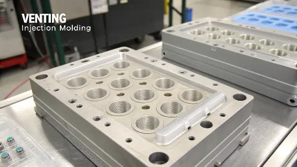Close-up of a mold parting line showing a tiny vent channel.