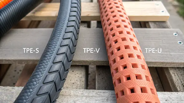 A visual comparison of three different TPE parts: one showing extreme flexibility, one showing a rugged texture, and one showing a clear, transparent quality