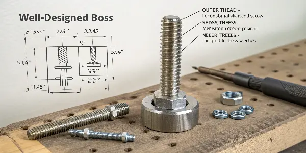 Diagram showing the ideal proportions of a boss for a self-tapping screw.