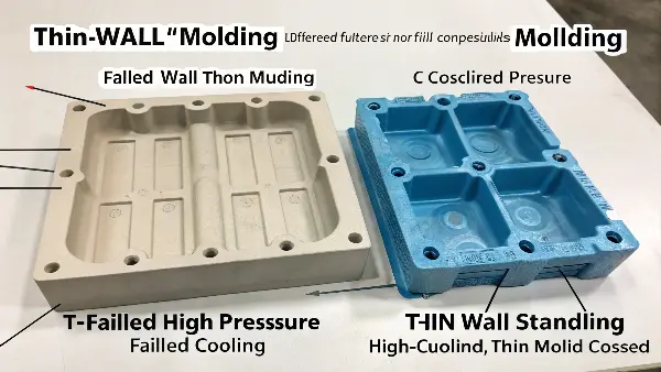 A diagram showing the flow length to thickness (L/t) ratio in a standard part versus a thin-walled part.