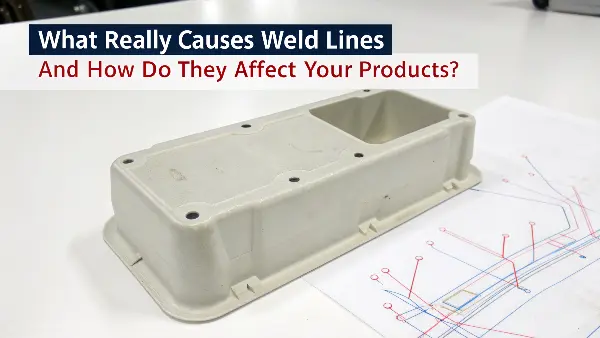 A close-up view of a weld line on a gray plastic part, showing the subtle surface imperfection.