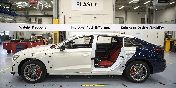 An exploded view of a car showing various plastic parts like bumpers, dashboards, and door panels.