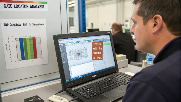 A flow analysis simulation showing different gate location options on a part