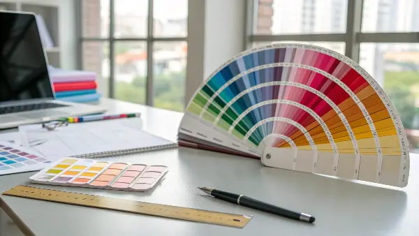 An industrial metal part coated in a RAL grey color next to a Pantone swatch book.