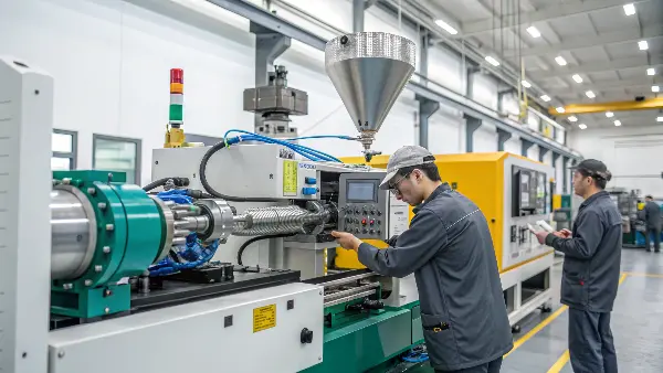 A detailed diagram of an injection molding machine's barrel and nozzle with heat zones indicated.