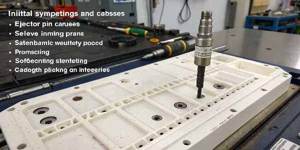 Inspecting Ejector Pin Marks An engineer examining a flawed plastic part with visible ejector pin marks.
