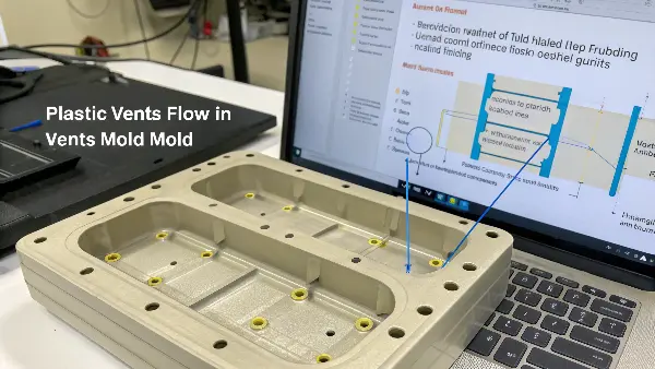 Mold flow simulation showing the final fill points in red