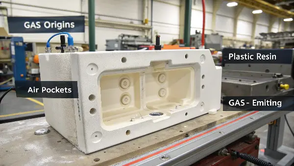 An illustration showing air in the cavity and gases releasing from molten plastic.