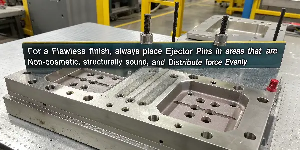 Diagram showing optimal vs. poor ejector pin placement on a plastic part.