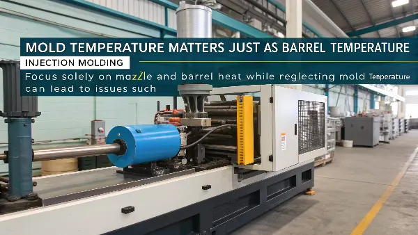 A detailed view of a complex injection mold with cooling channels visible.