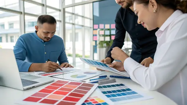 A designer pointing to a Pantone color on a swatch book