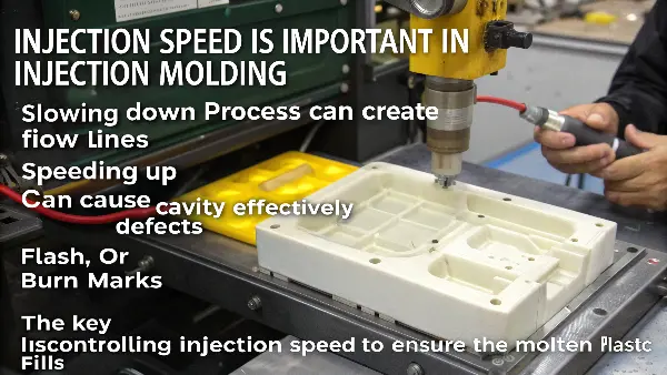 An injection molding machine's control panel showing speed and pressure settings.