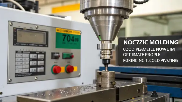 A close-up of an injection molding nozzle, glowing slightly with heat, at the point of contact with the mold sprue bushing.