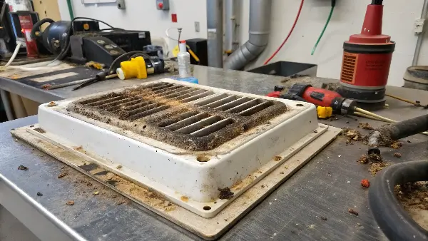 A technician carefully cleaning the parting line of an injection mold with a special tool.