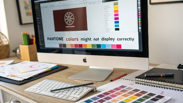 A computer screen showing Adobe Illustrator with a missing Pantone color warning message.