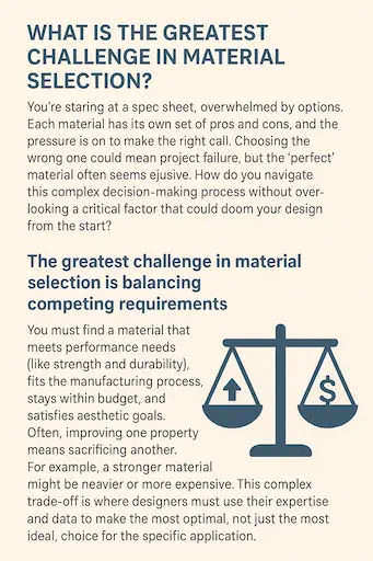 A diagram showing the trade-offs between cost, performance, and weight in material selection