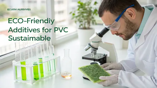 A collection of eco-friendly plastic pellets and green leaves symbolizing sustainability.