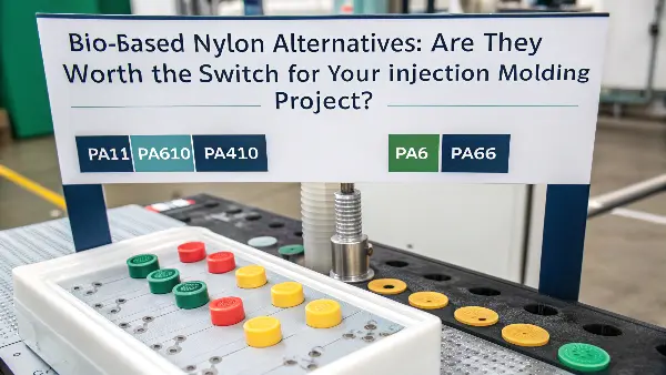 Bio-based nylon pellets next to a traditional nylon part