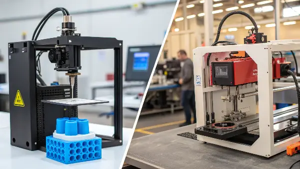 A split image showing a 3D printer for one-off parts and an injection molding machine for mass production.