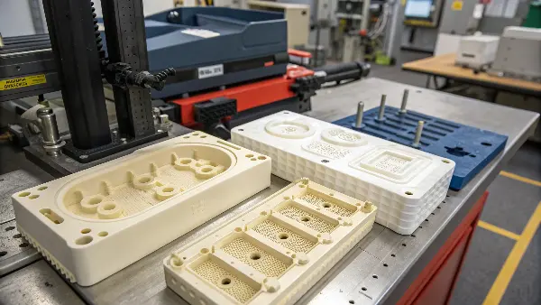 A 3D printed injection mold half next to a finished plastic part.