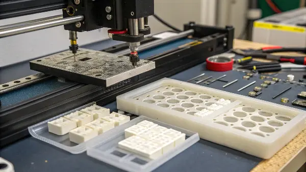 A set of small, finely detailed 3D printed pins on a build plate.