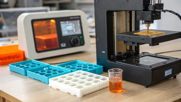 A 3D printed mold next to tiny injection-molded plastic gears.