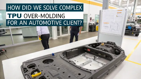 A complex automotive part with TPU over-molding being inspected.