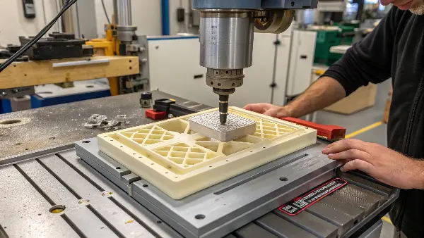 A 3D printed mold insert being placed into a steel mold base.