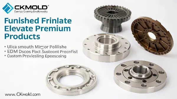 CKMOLD's Diverse Surface Finish Options A collection of plastic parts showcasing different surface finishes, from high gloss to matte textures.